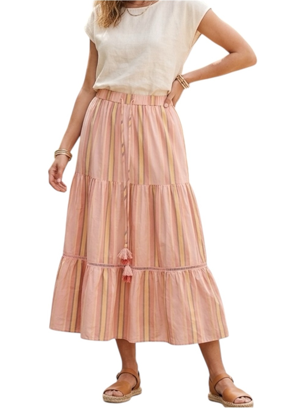 Matilda Jane Apricot Tree Peach Striped Tiered Skirt w/Tassel Drawstring Large